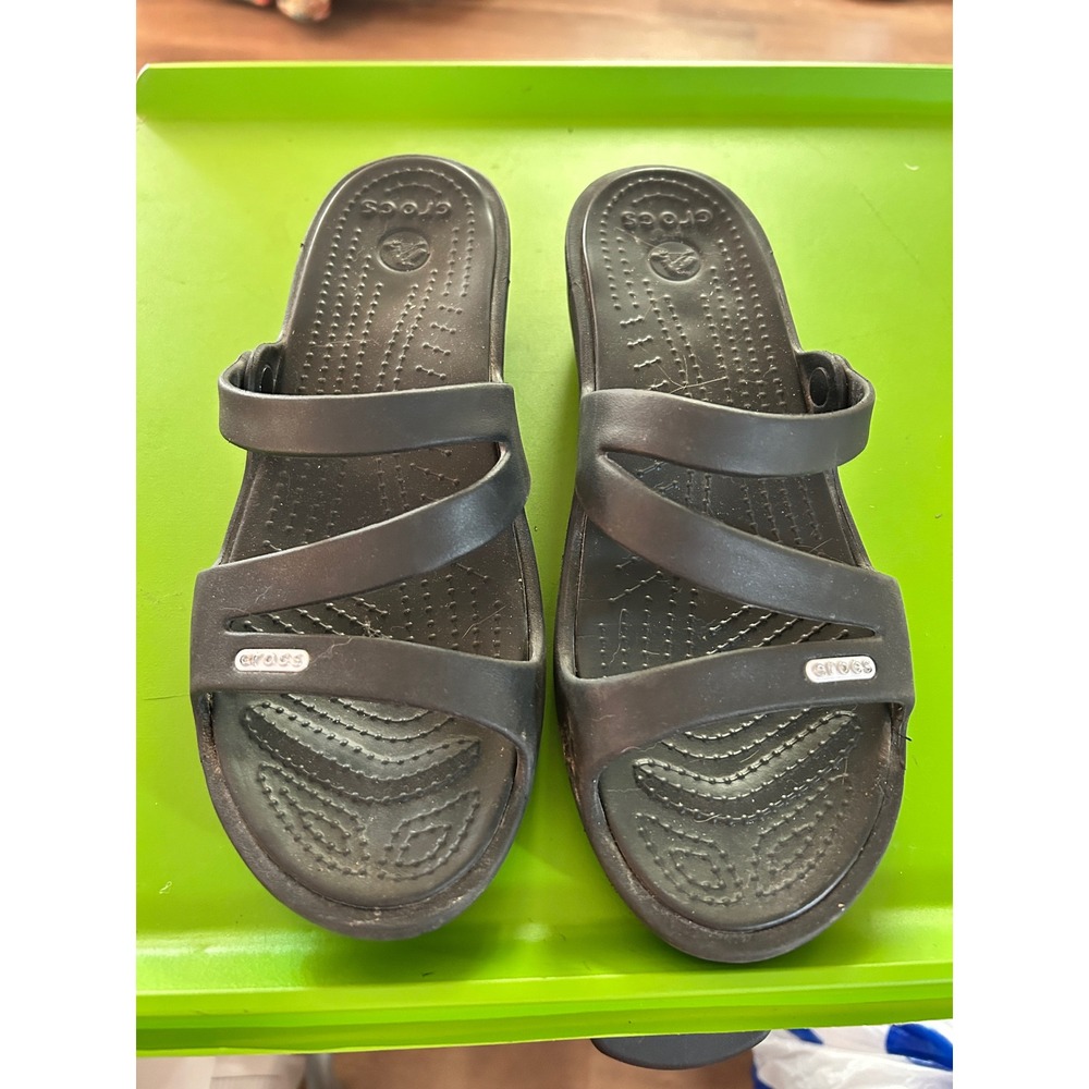 Crocs Patricia Black Wedge Sandals Triple Strap Comfort Slides Womens Size 9